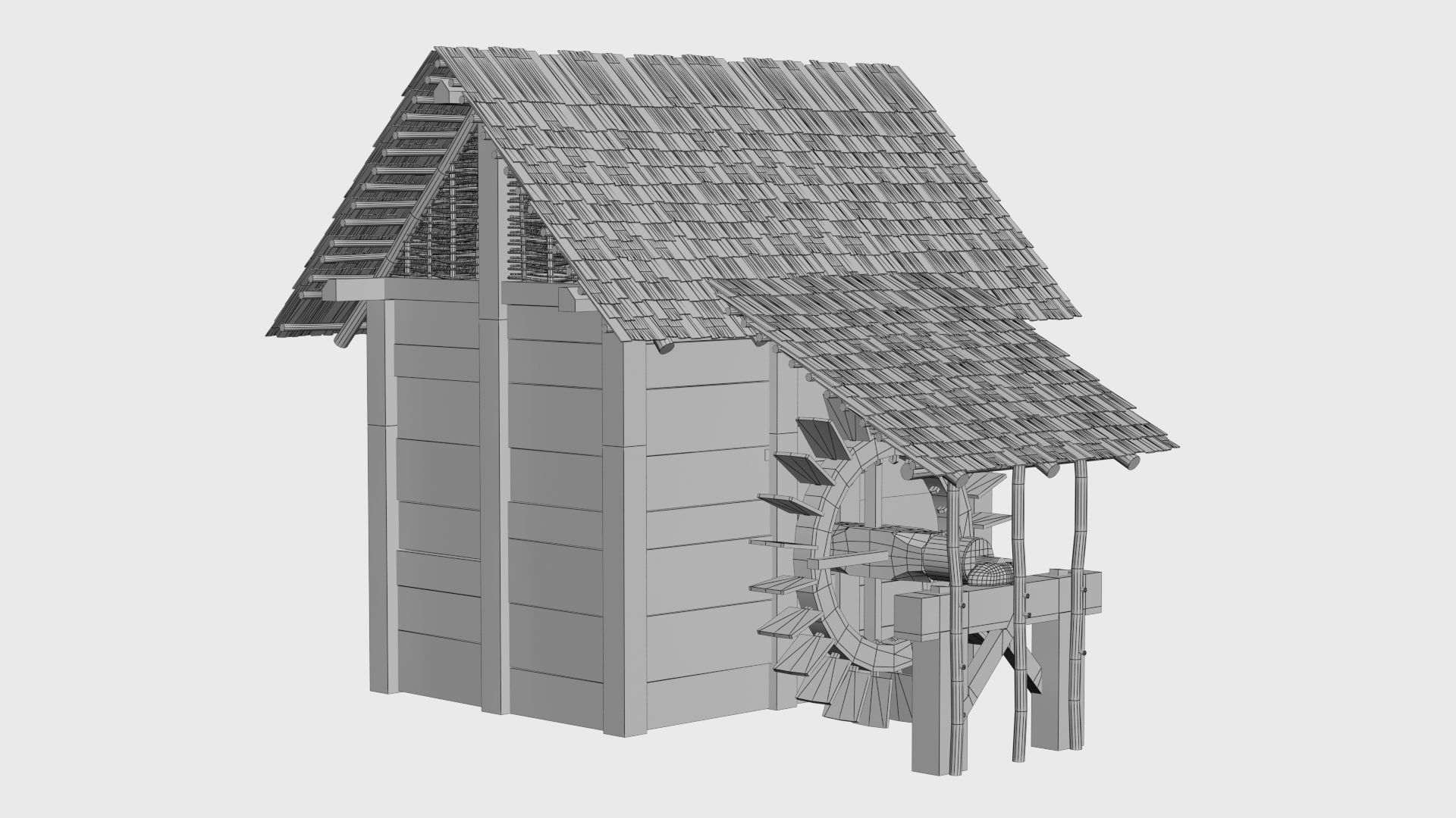 Enterable small early medieval watermill Low-poly 3D model_3