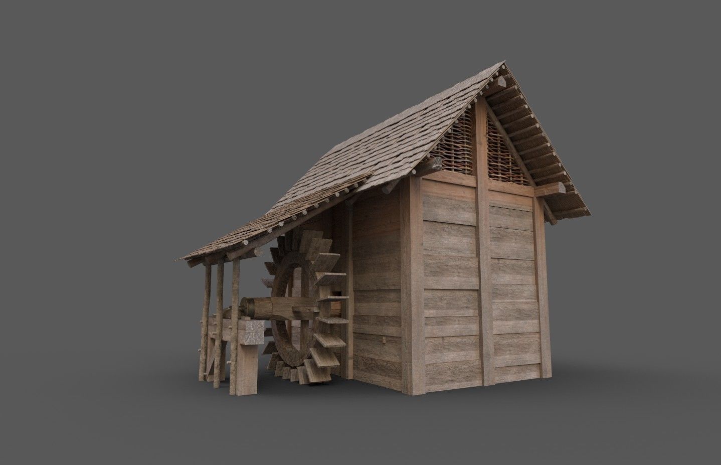 Enterable small early medieval watermill Low-poly 3D model_7