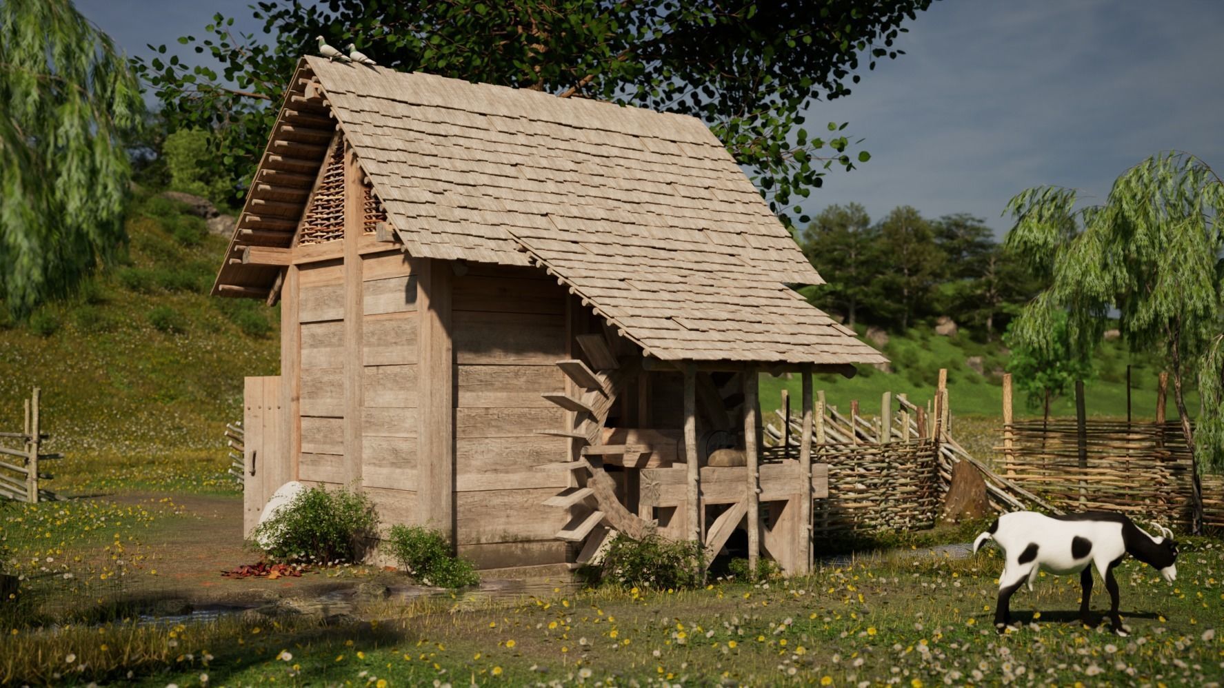 Enterable small early medieval watermill Low-poly 3D model_1