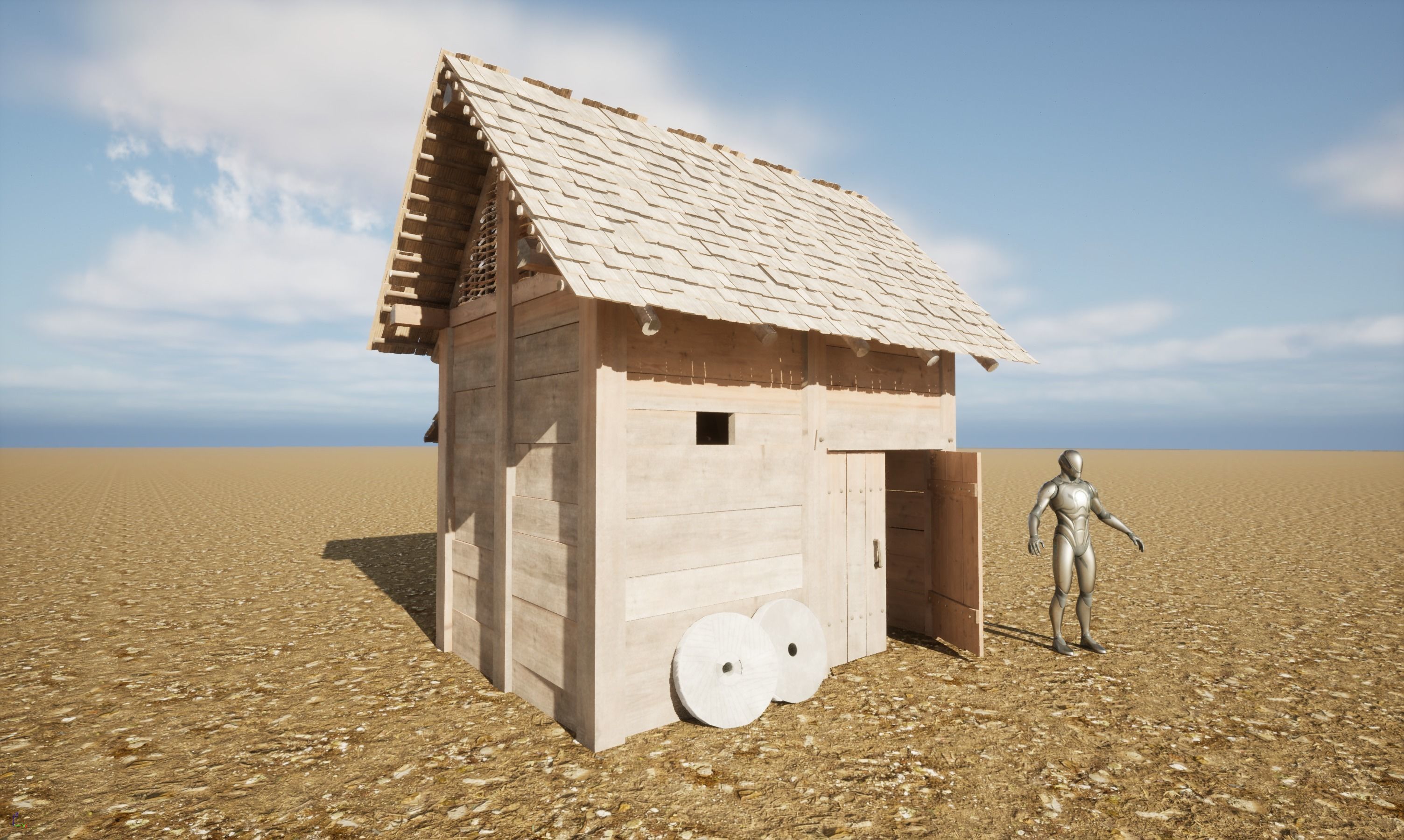 Enterable small early medieval watermill Low-poly 3D model_28