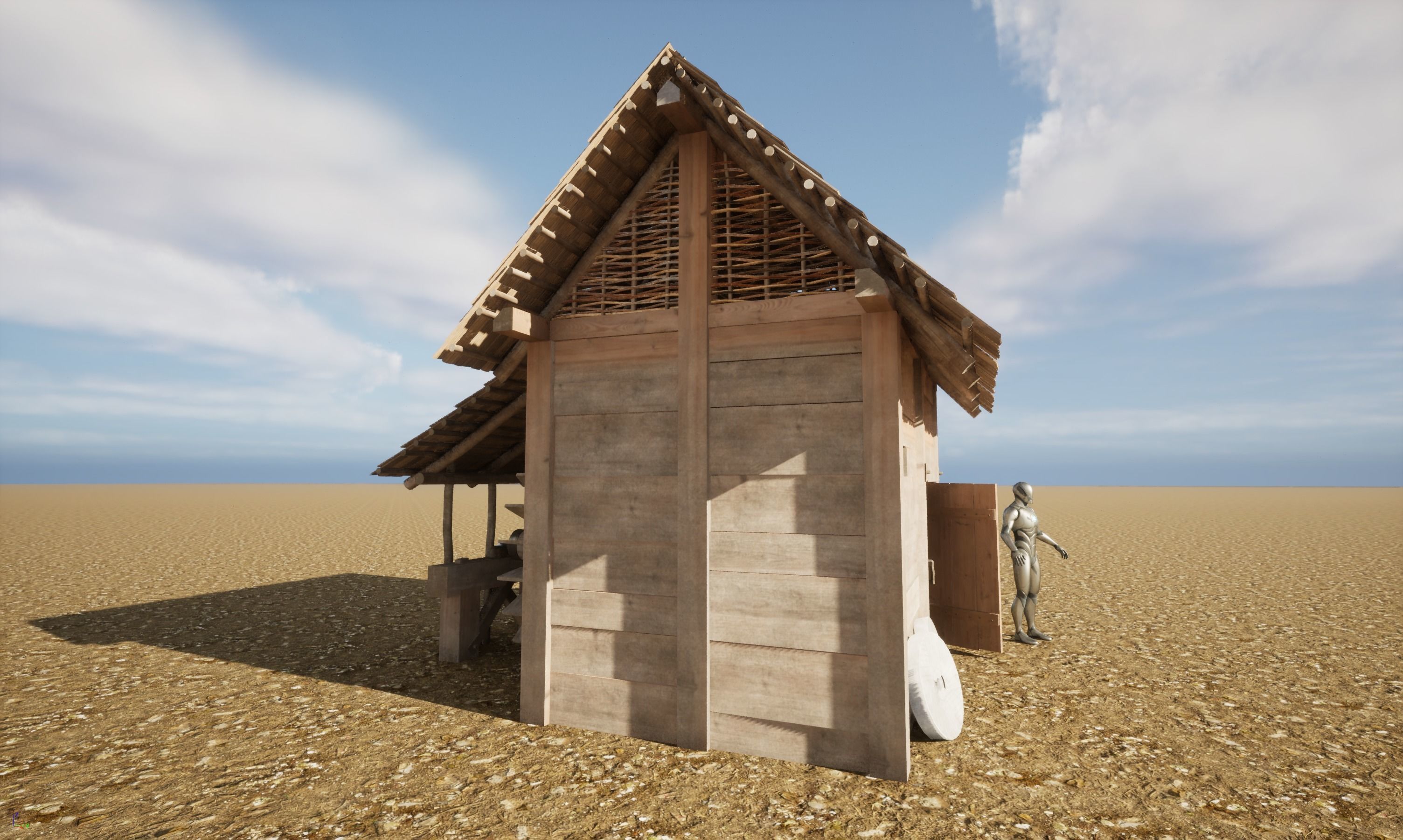 Enterable small early medieval watermill Low-poly 3D model_29