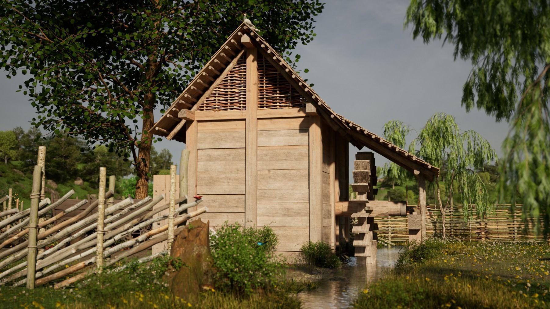 Enterable small early medieval watermill Low-poly 3D model_10