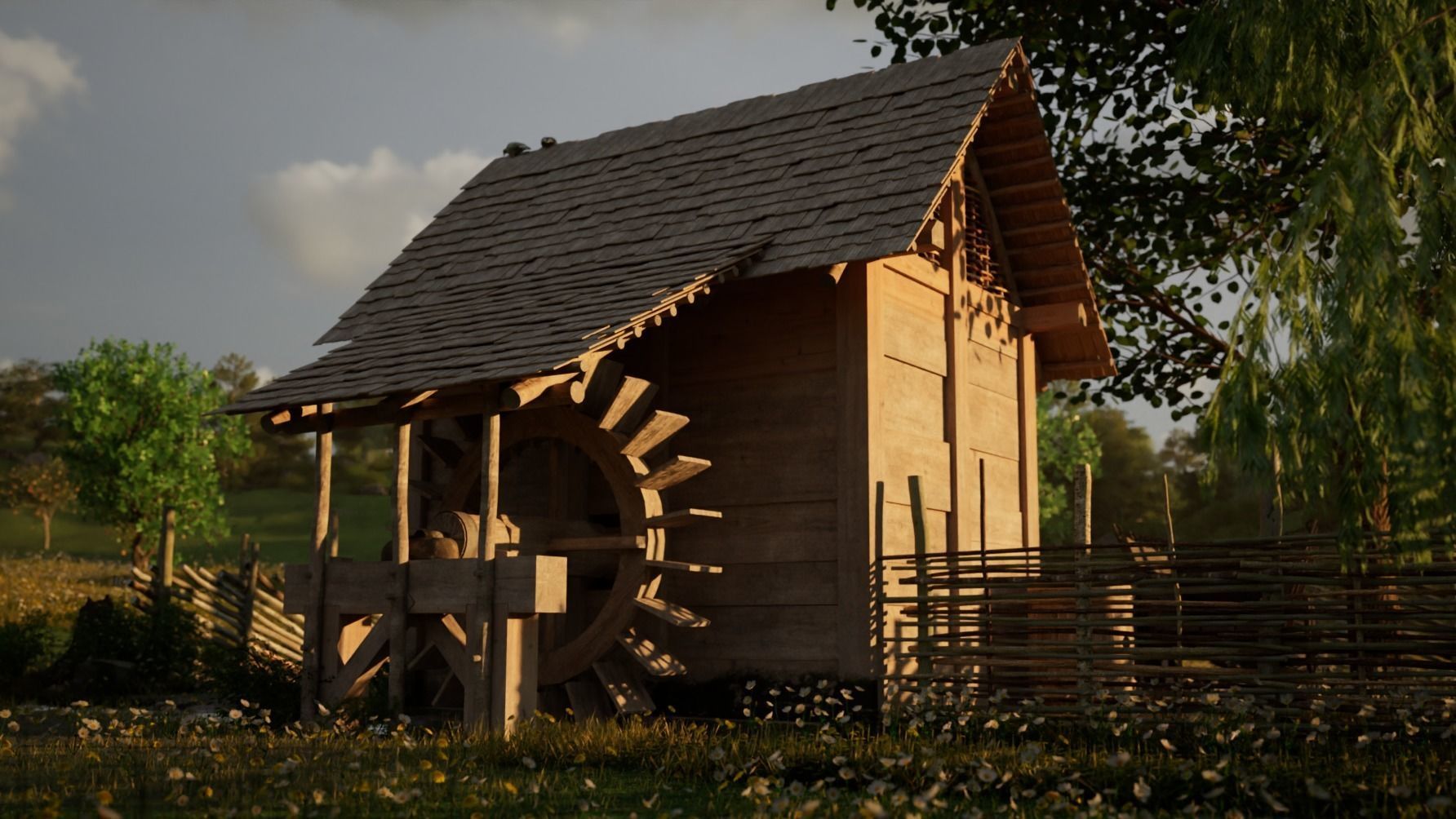 Enterable small early medieval watermill Low-poly 3D model_12