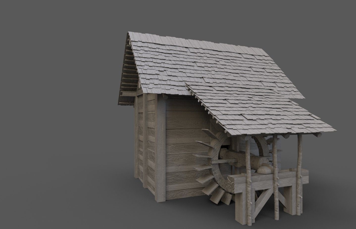 Enterable small early medieval watermill Low-poly 3D model_47