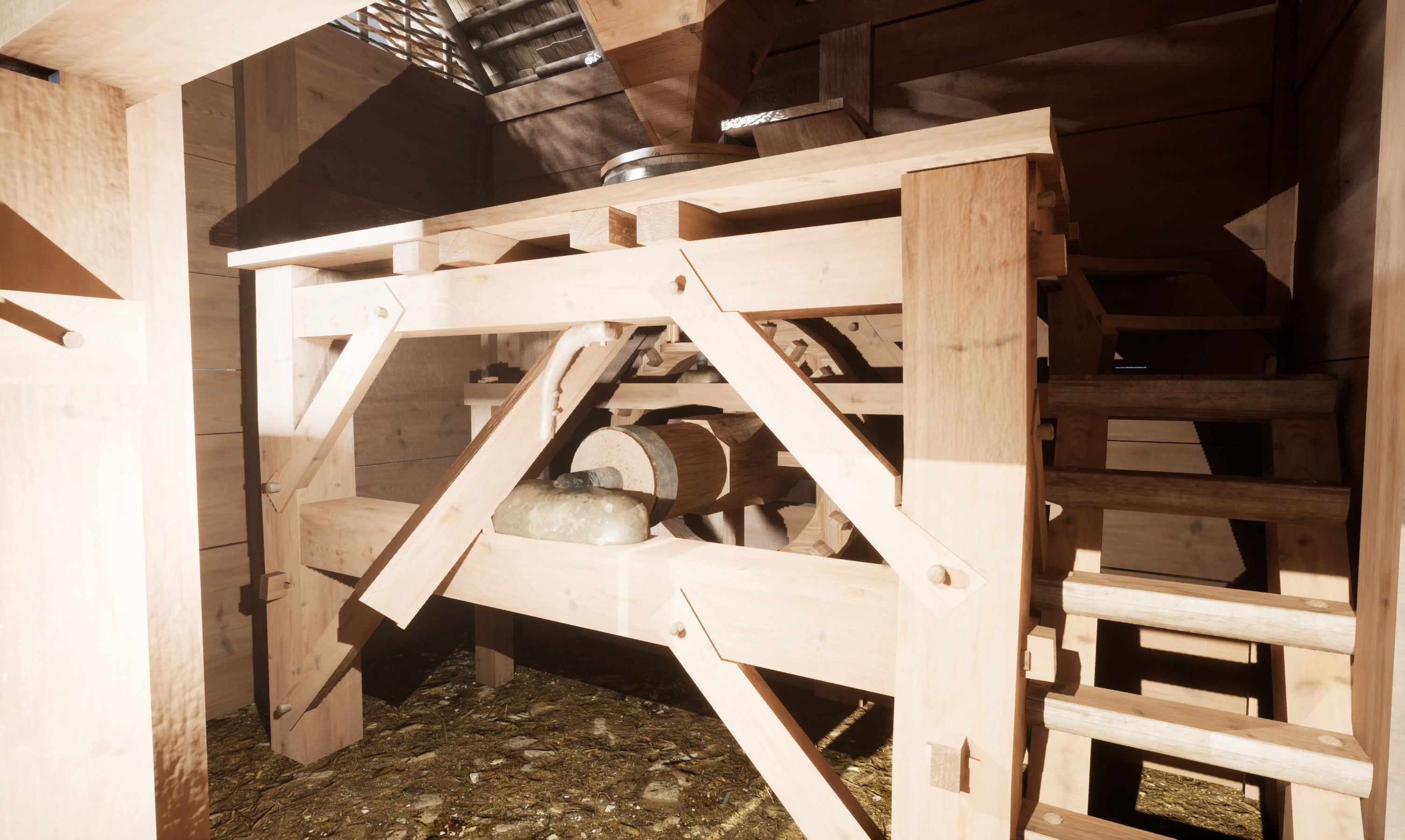 Enterable small early medieval watermill Low-poly 3D model_23