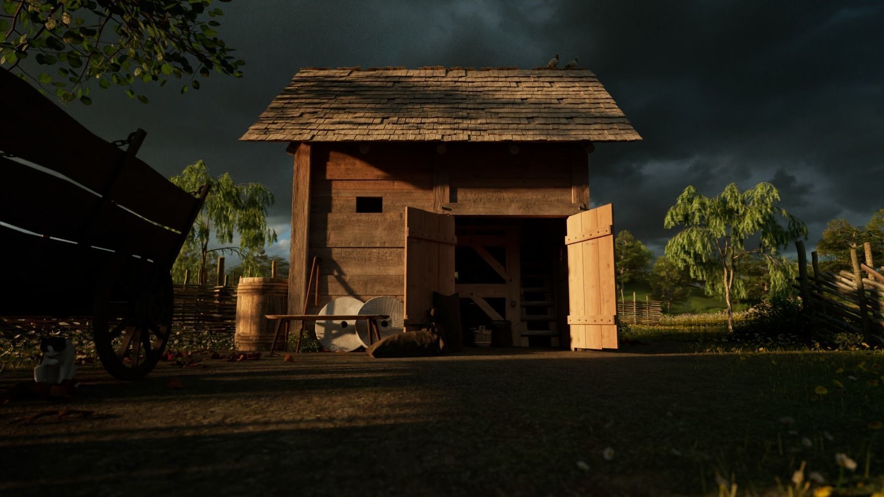 Enterable small early medieval watermill Low-poly 3D model_13