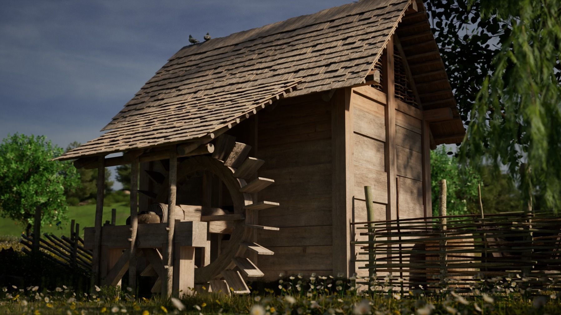 Enterable small early medieval watermill Low-poly 3D model_11