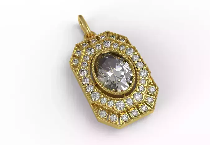 Round Diamond and Oval Stone Emerald Shaped Filigree Pendant