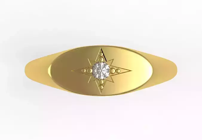 Single Round Diamond Oval Shape Signet Ring