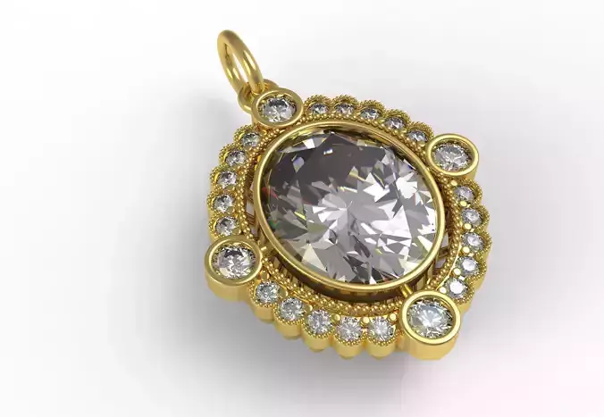 Oval Stone Bezel Set Round Diamond Cluster Pendant
