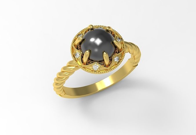 Black Cabochon Stone Rope Shank Ring 3D print model