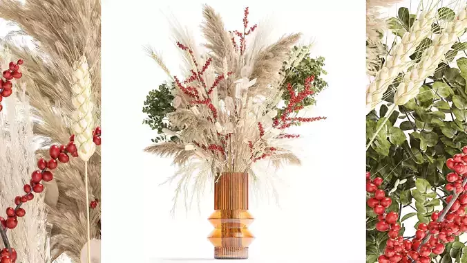 bouquet of dried flowers vase reed grass branches Red berries 