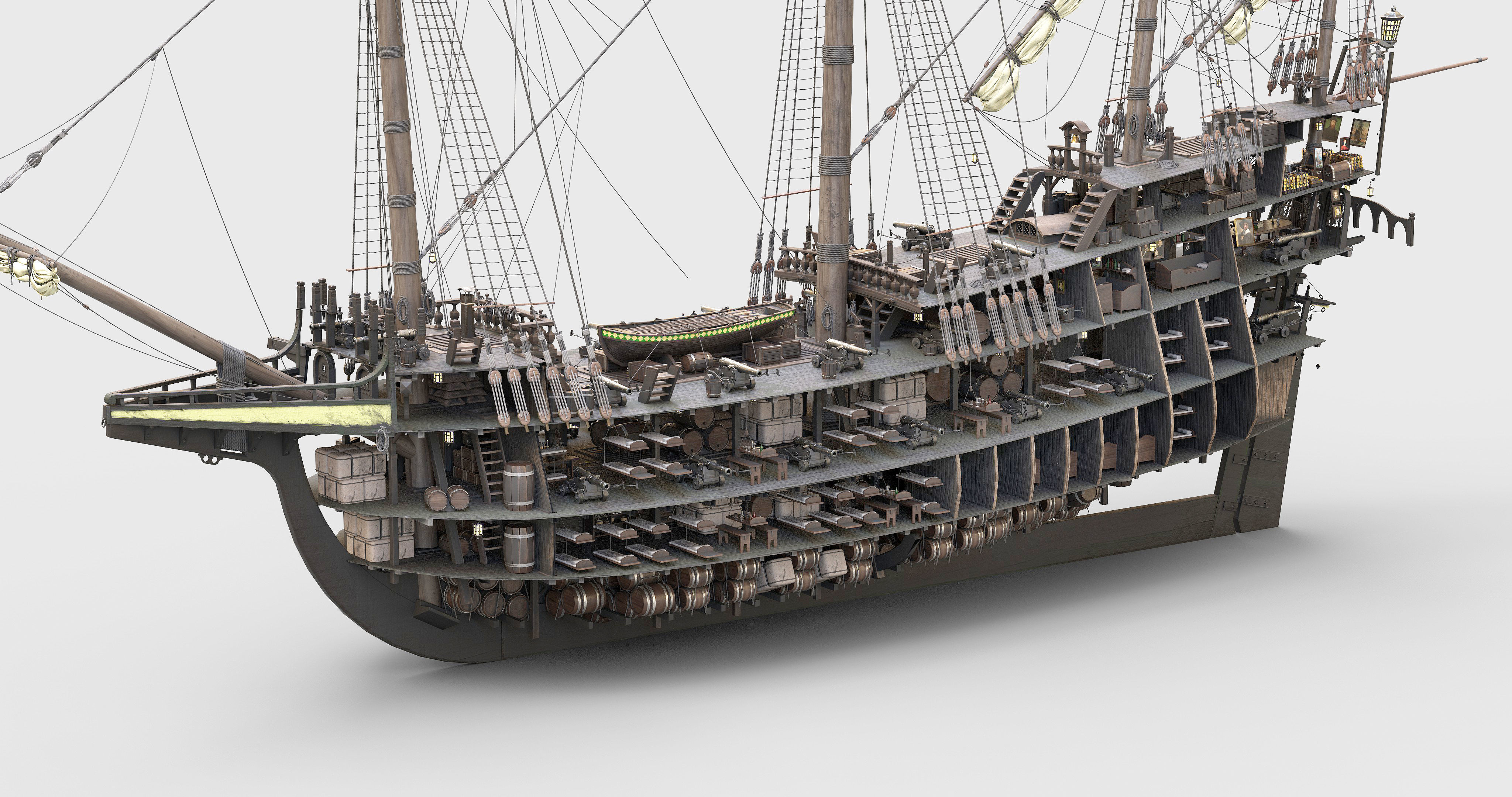 This 3D Galleon green includes a fully detailed interior 03  3D model_1
