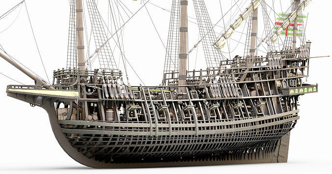 This 3D Galleon green includes a fully detailed interior 03 