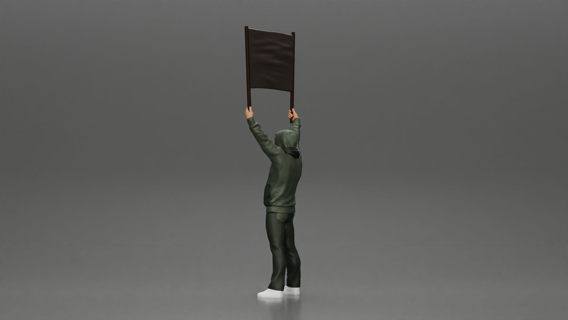 Man in a hoodie and scarf is holding a banner 3D print model_8