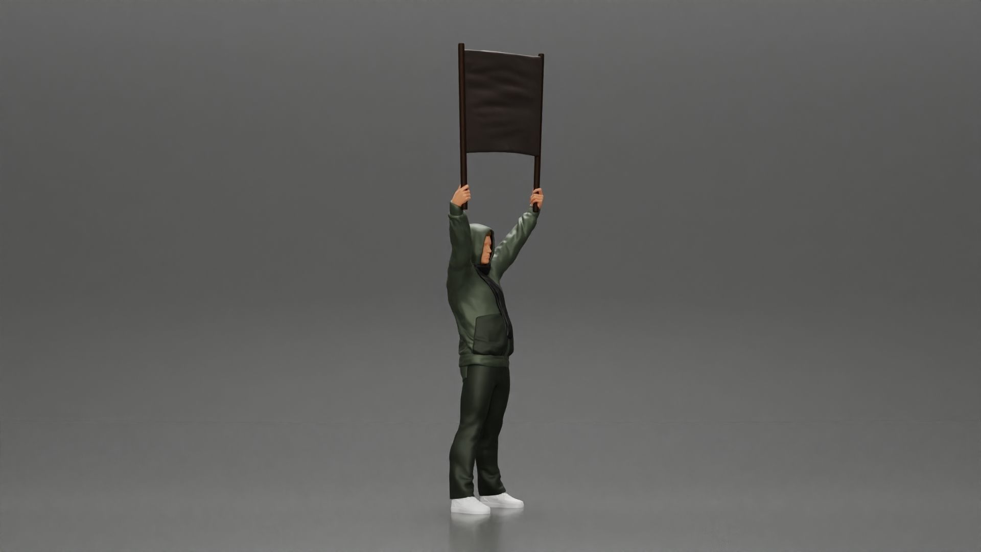 Man in a hoodie and scarf is holding a banner 3D print model_2