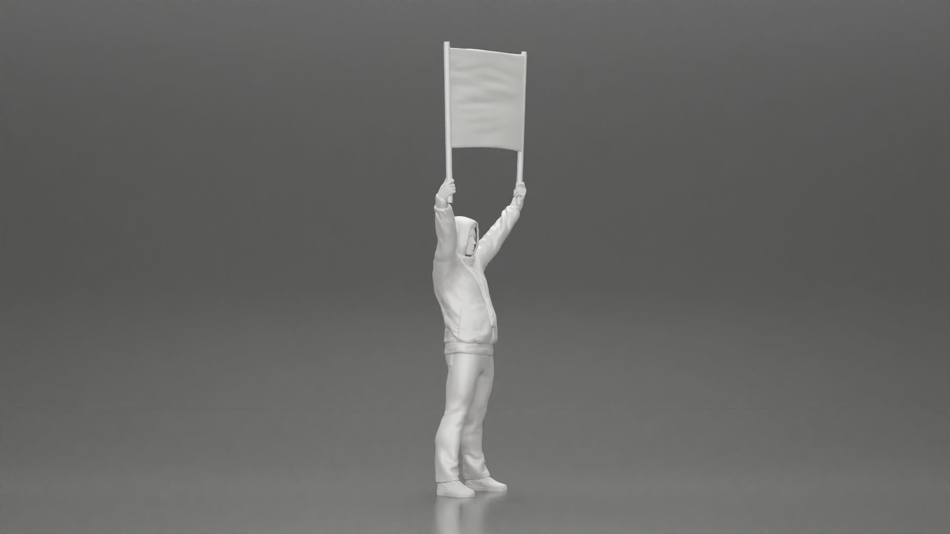 Man in a hoodie and scarf is holding a banner 3D print model_13
