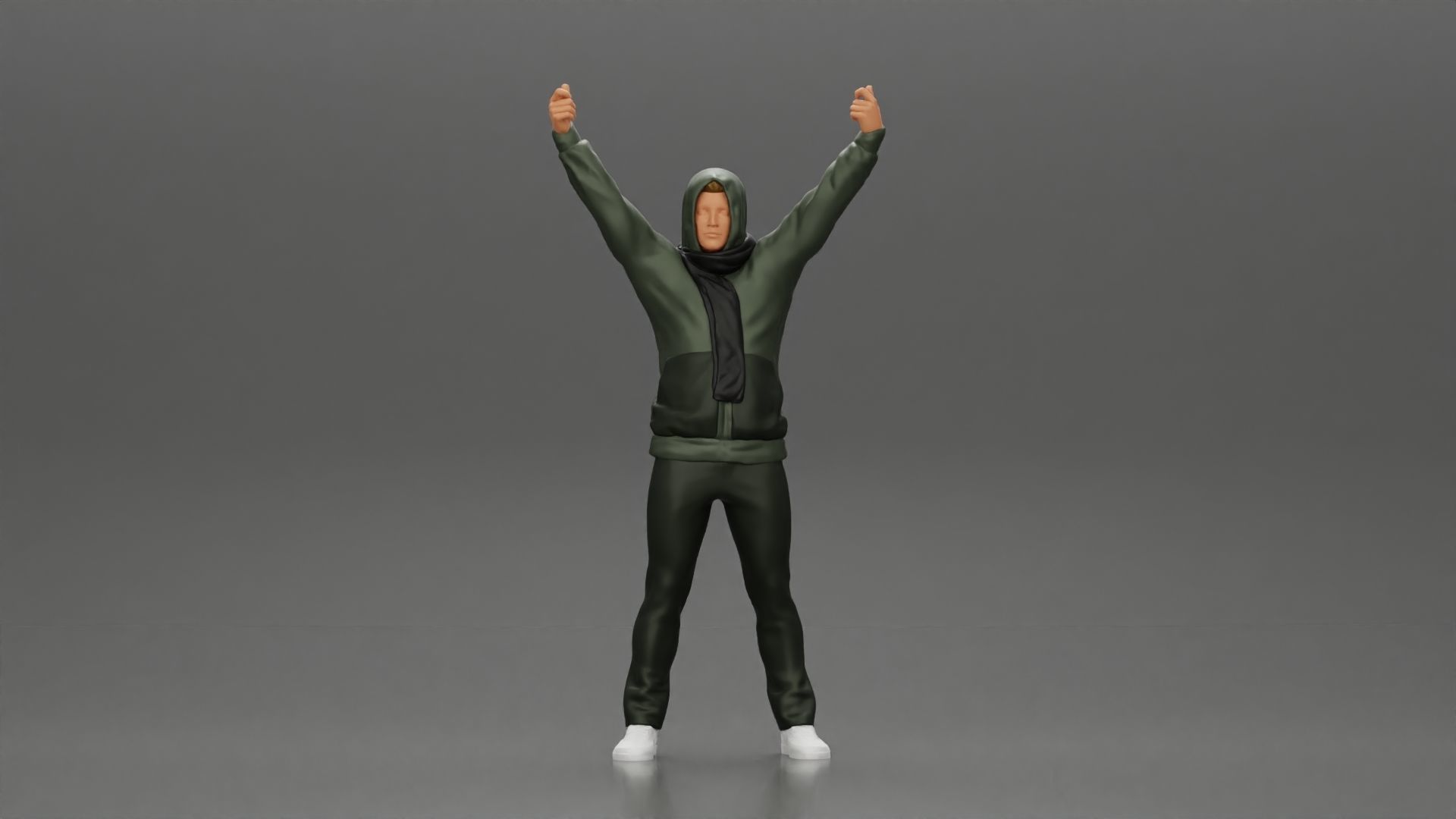 Man in a hoodie and scarf is holding a banner 3D print model_1