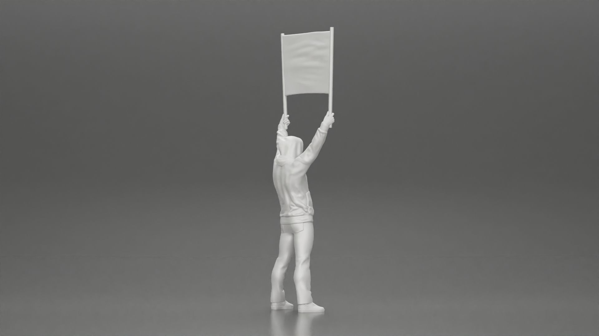 Man in a hoodie and scarf is holding a banner 3D print model_14