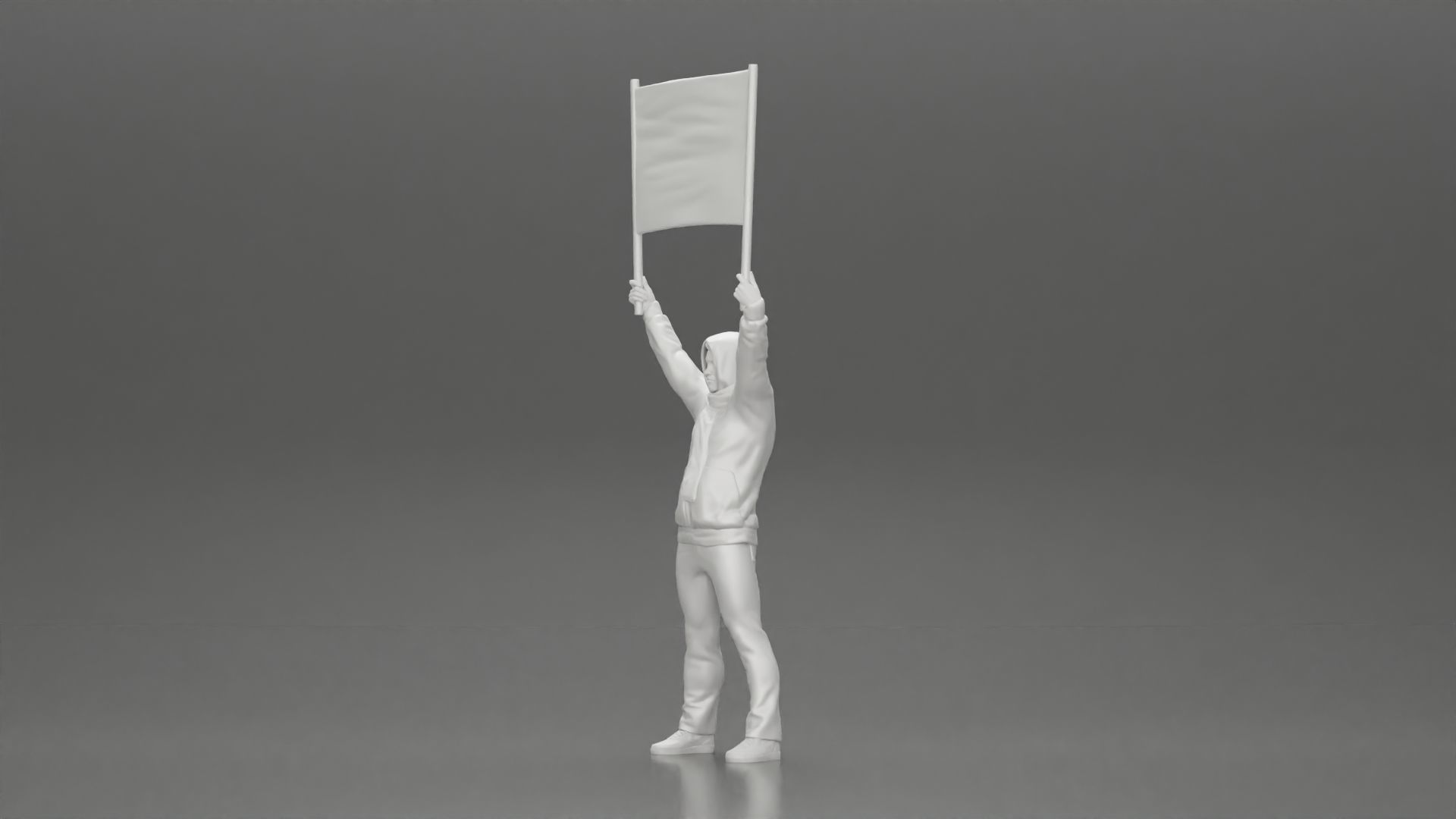 Man in a hoodie and scarf is holding a banner 3D print model_17