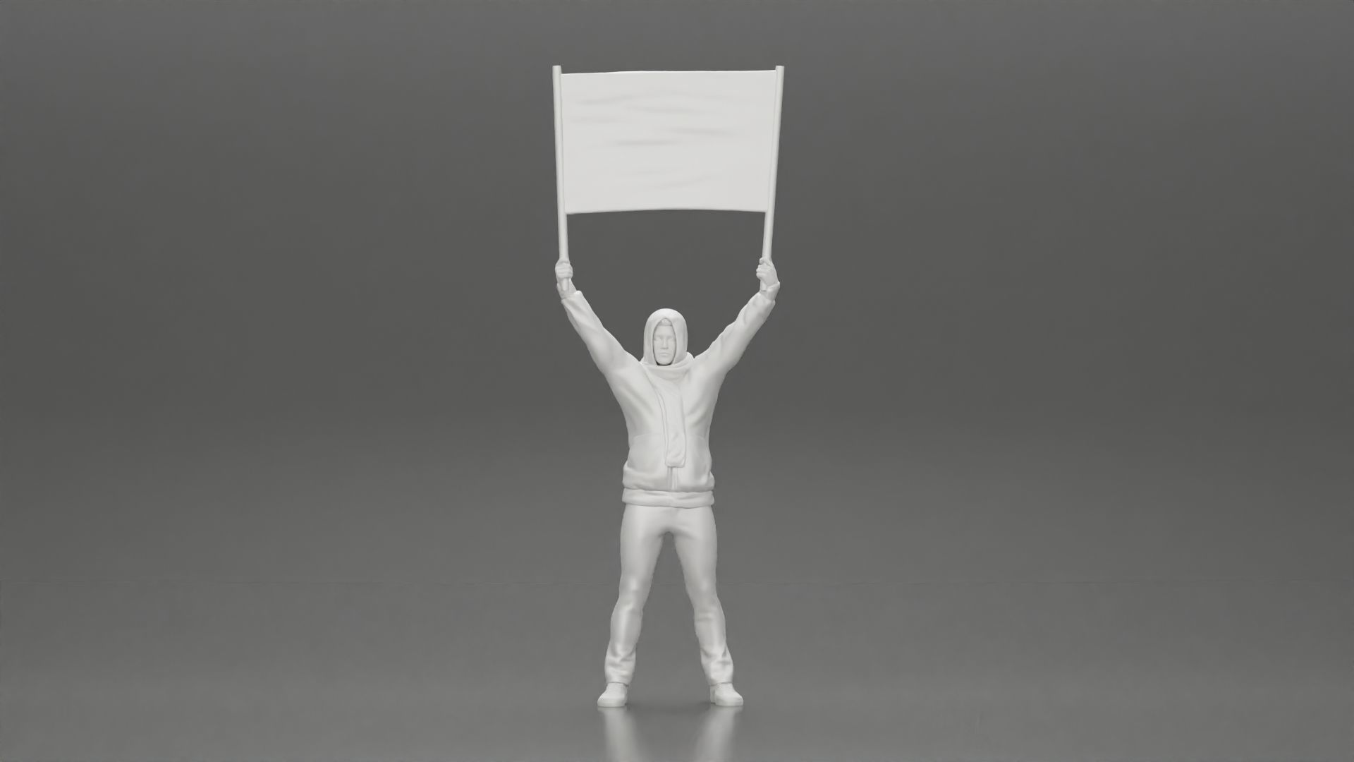 Man in a hoodie and scarf is holding a banner 3D print model_12