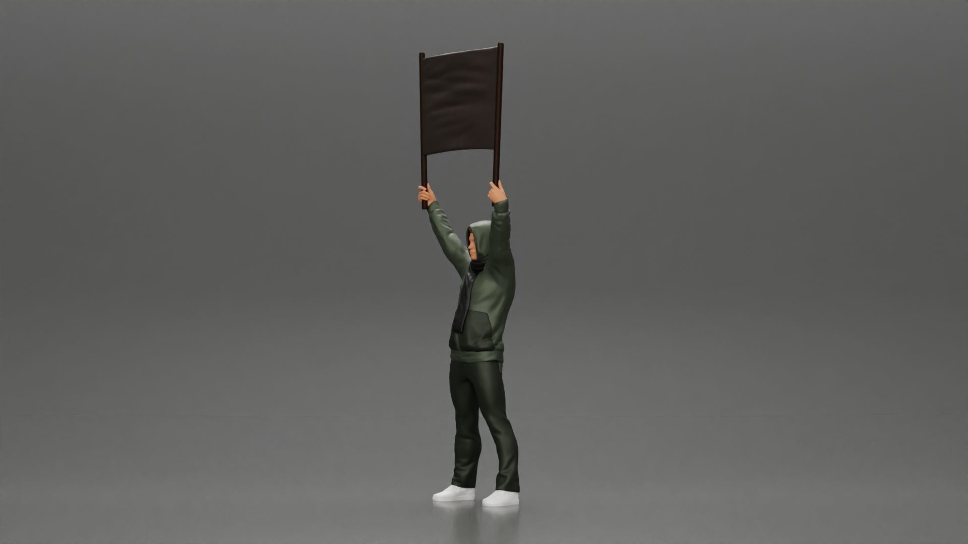 Man in a hoodie and scarf is holding a banner 3D print model_10