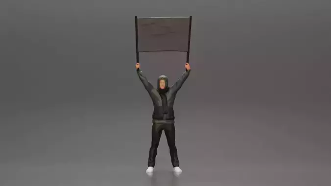 Man in a hoodie and scarf is holding a banner 3D print model