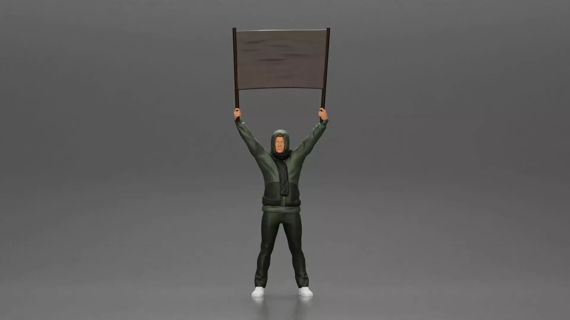 Man in a hoodie and scarf is holding a banner 3D print model_0