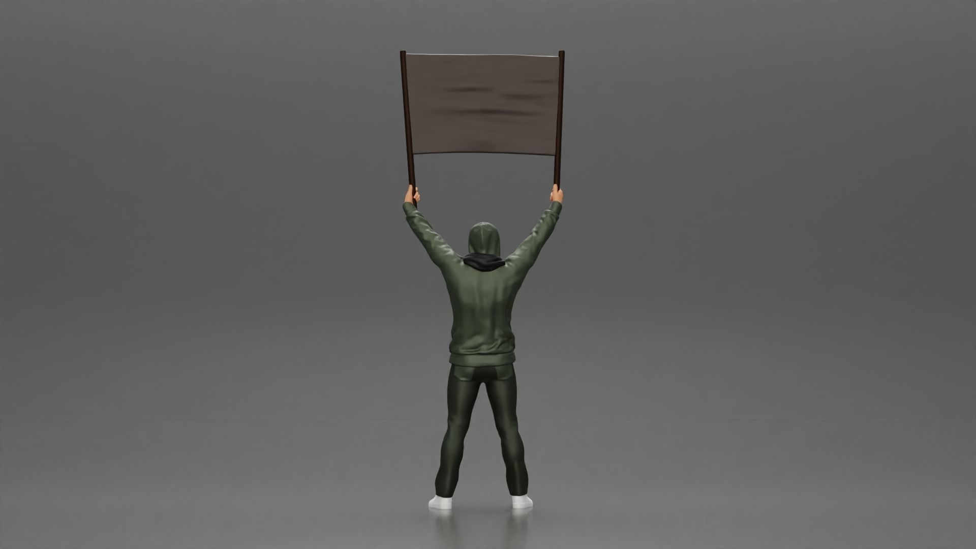 Man in a hoodie and scarf is holding a banner 3D print model_6