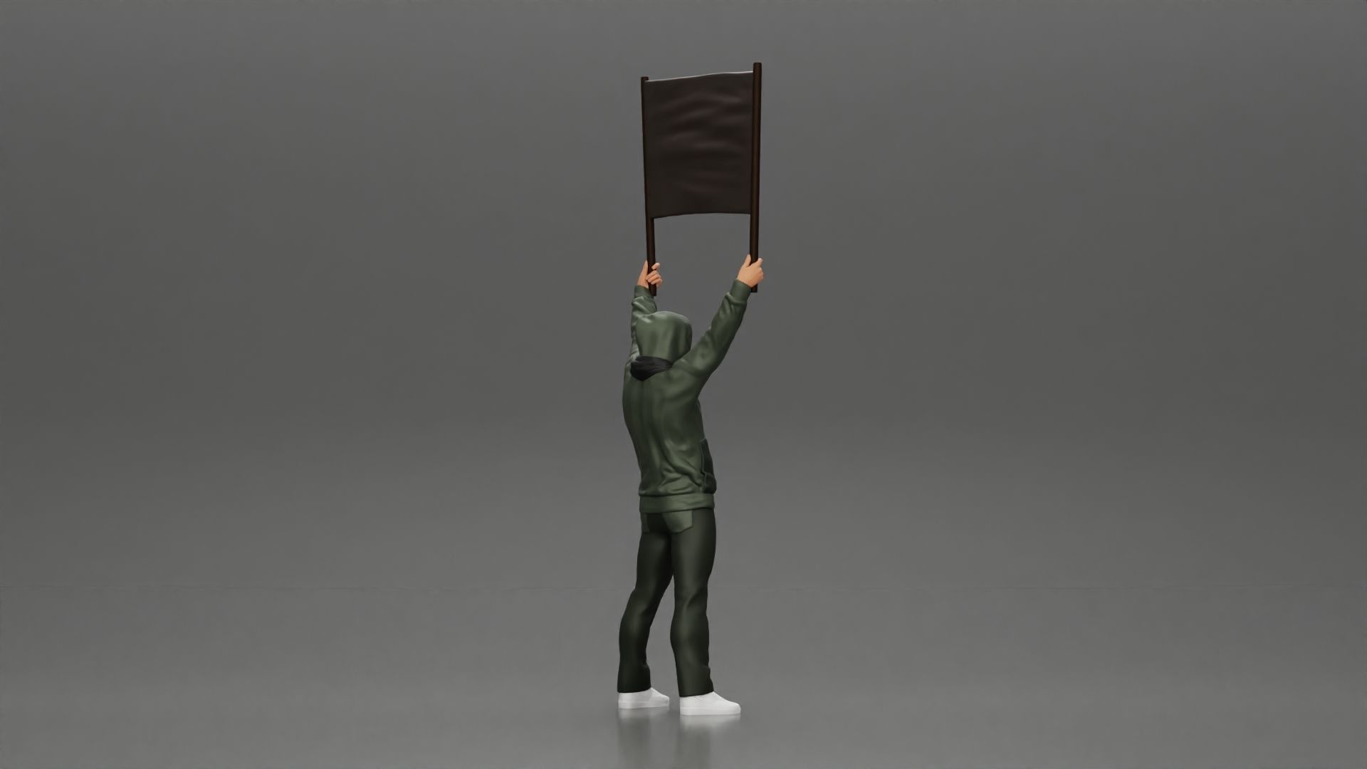 Man in a hoodie and scarf is holding a banner 3D print model_4