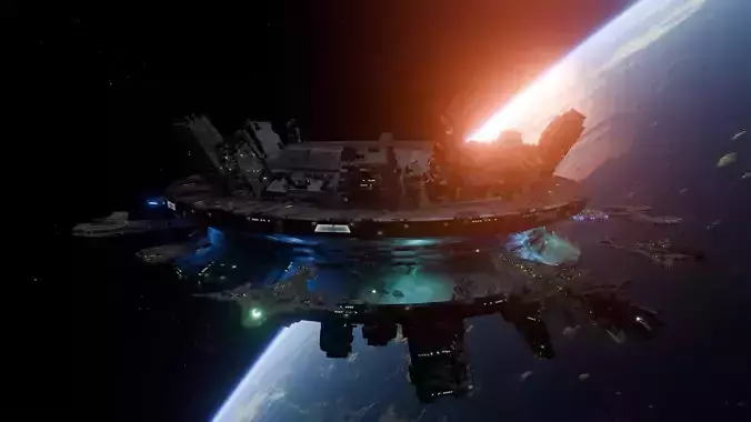 Space Station with ships Low-poly 3D model