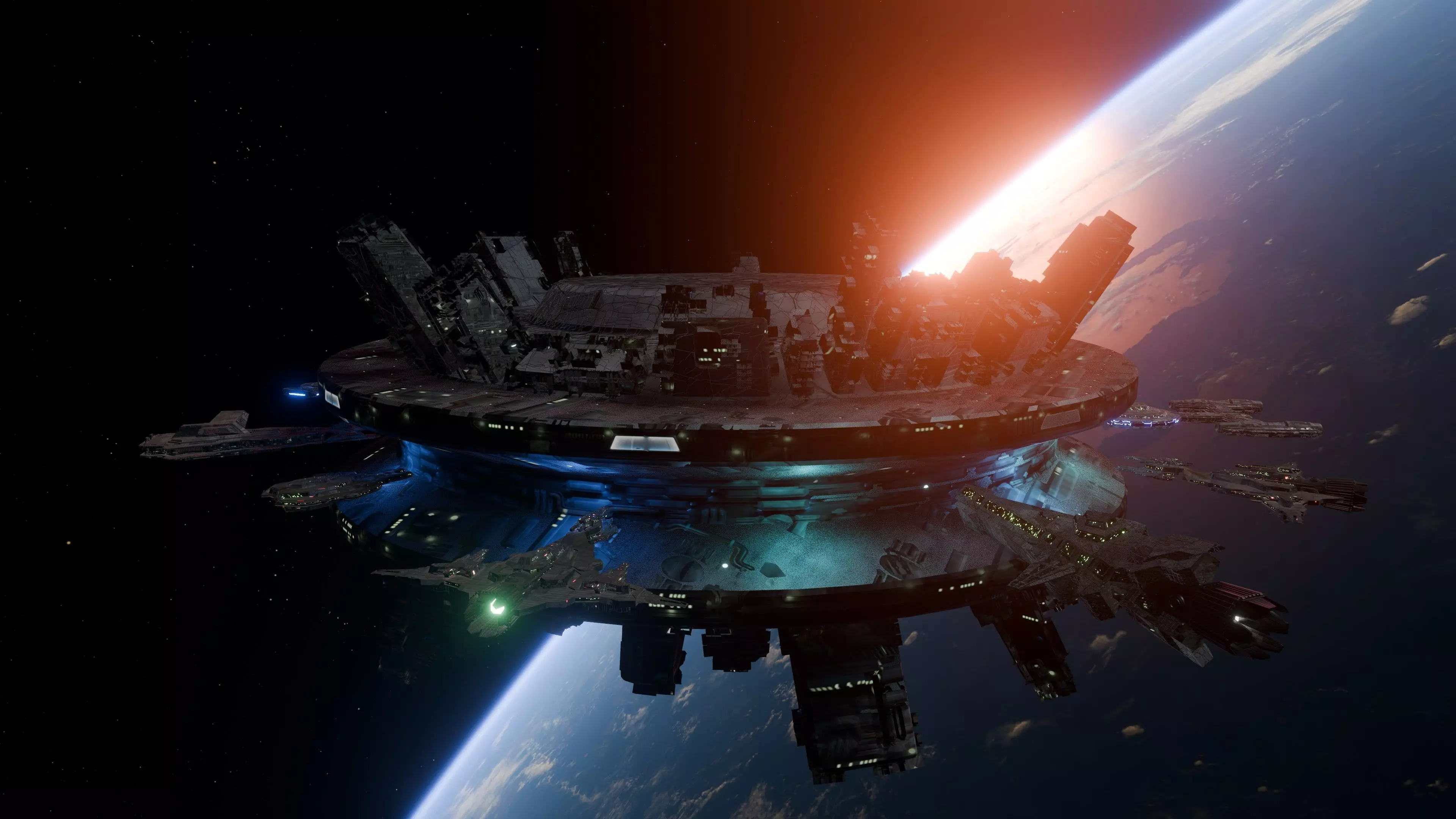 Space Station with ships Low-poly 3D model_0