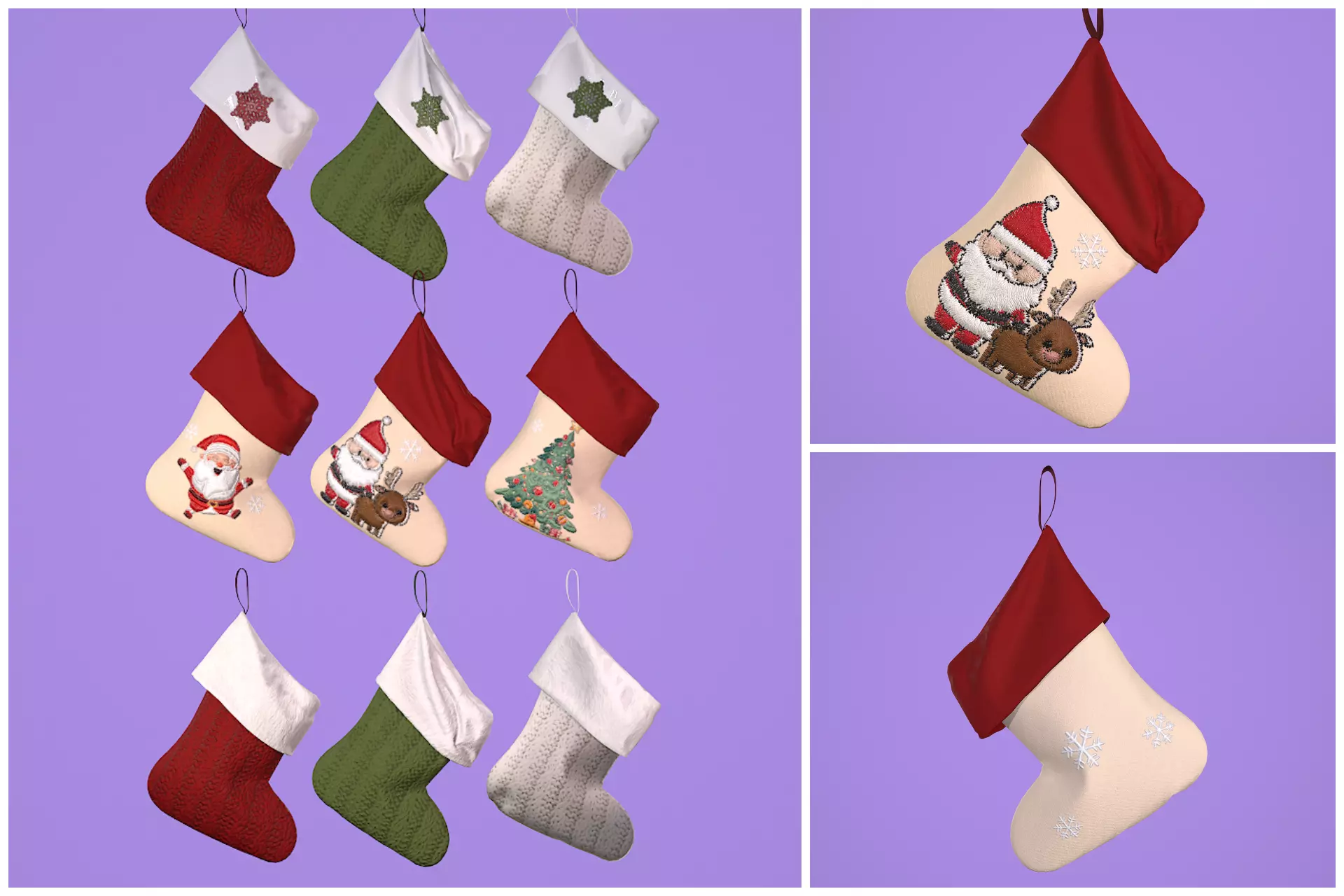 Christmas Socks 3 styles wrinkle and 9 texture 3D model_0