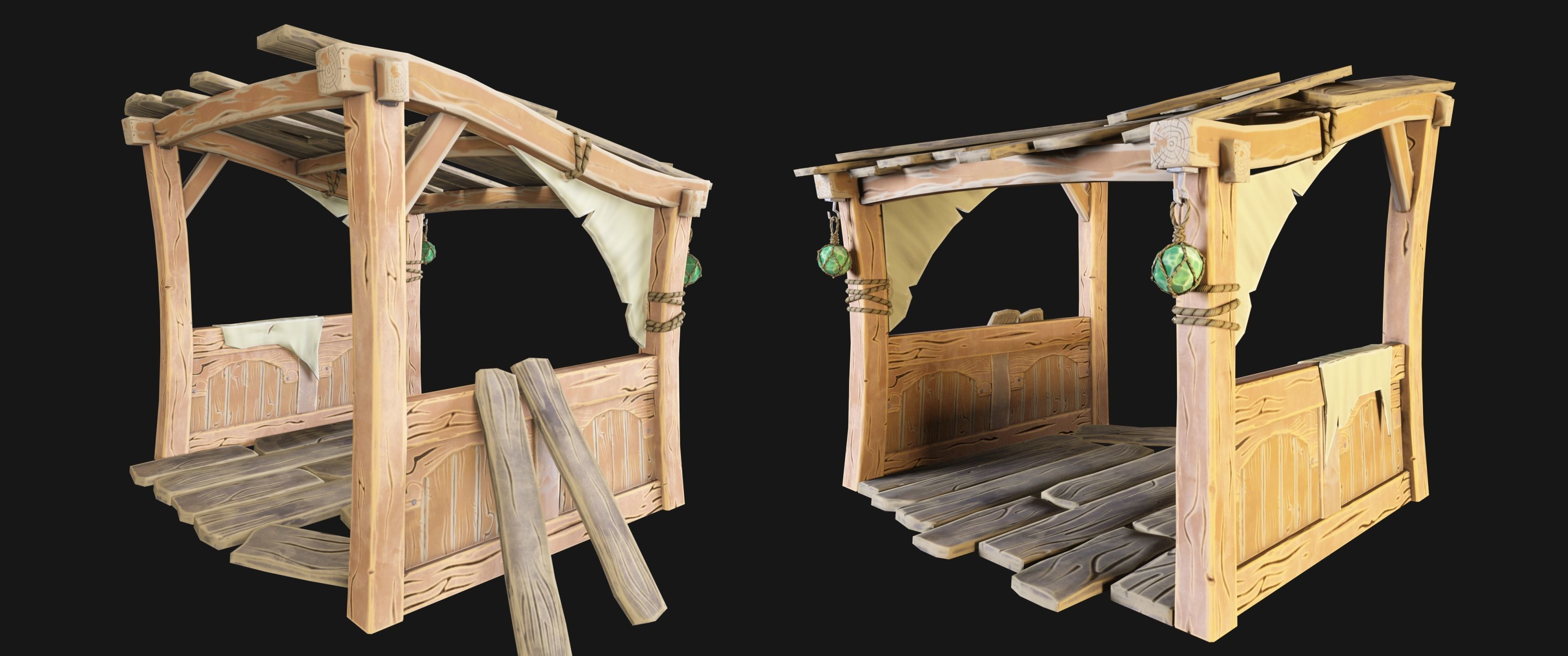 Wooden bench Stylized Low-poly 3D model_2