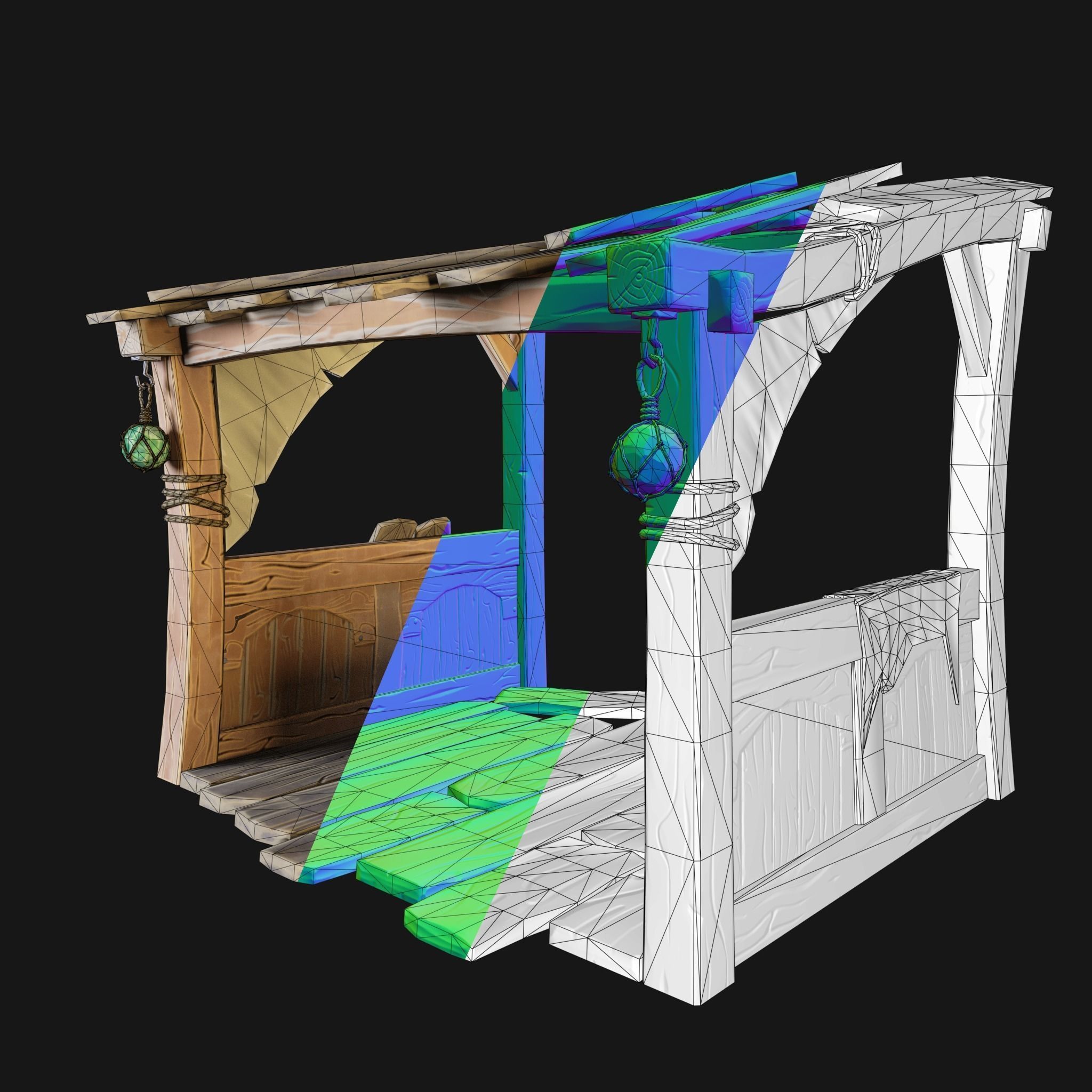 Wooden bench Stylized Low-poly 3D model_3