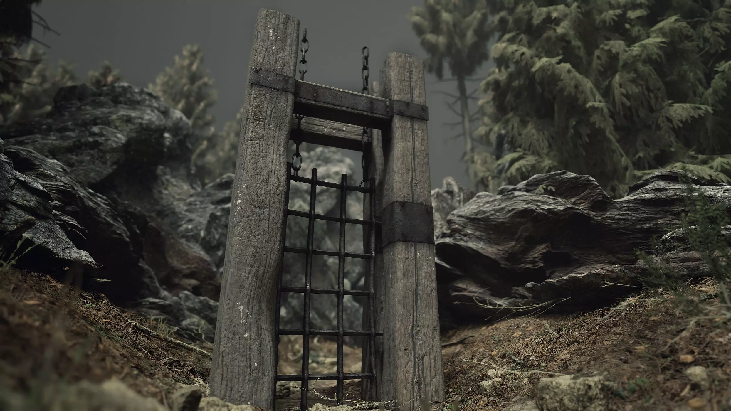 Metal Gate with Wooden Frame Low-poly 3D model_0