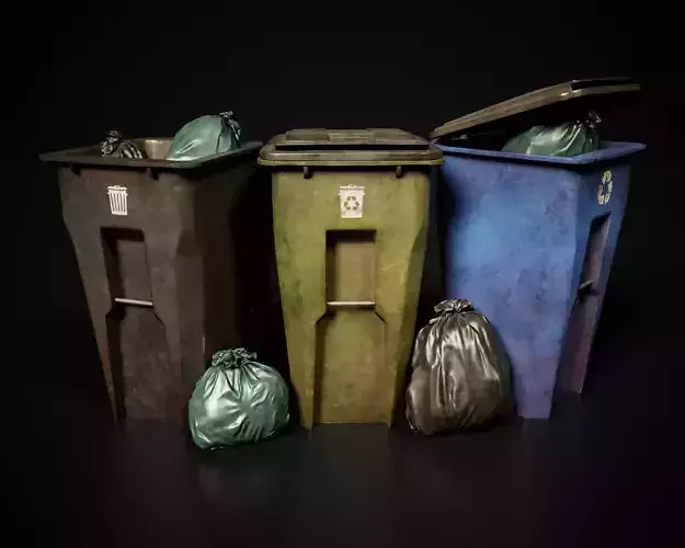 Old Rusted Trash Bins and Bags