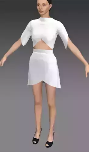 white asymetric slevee and skirt blouse