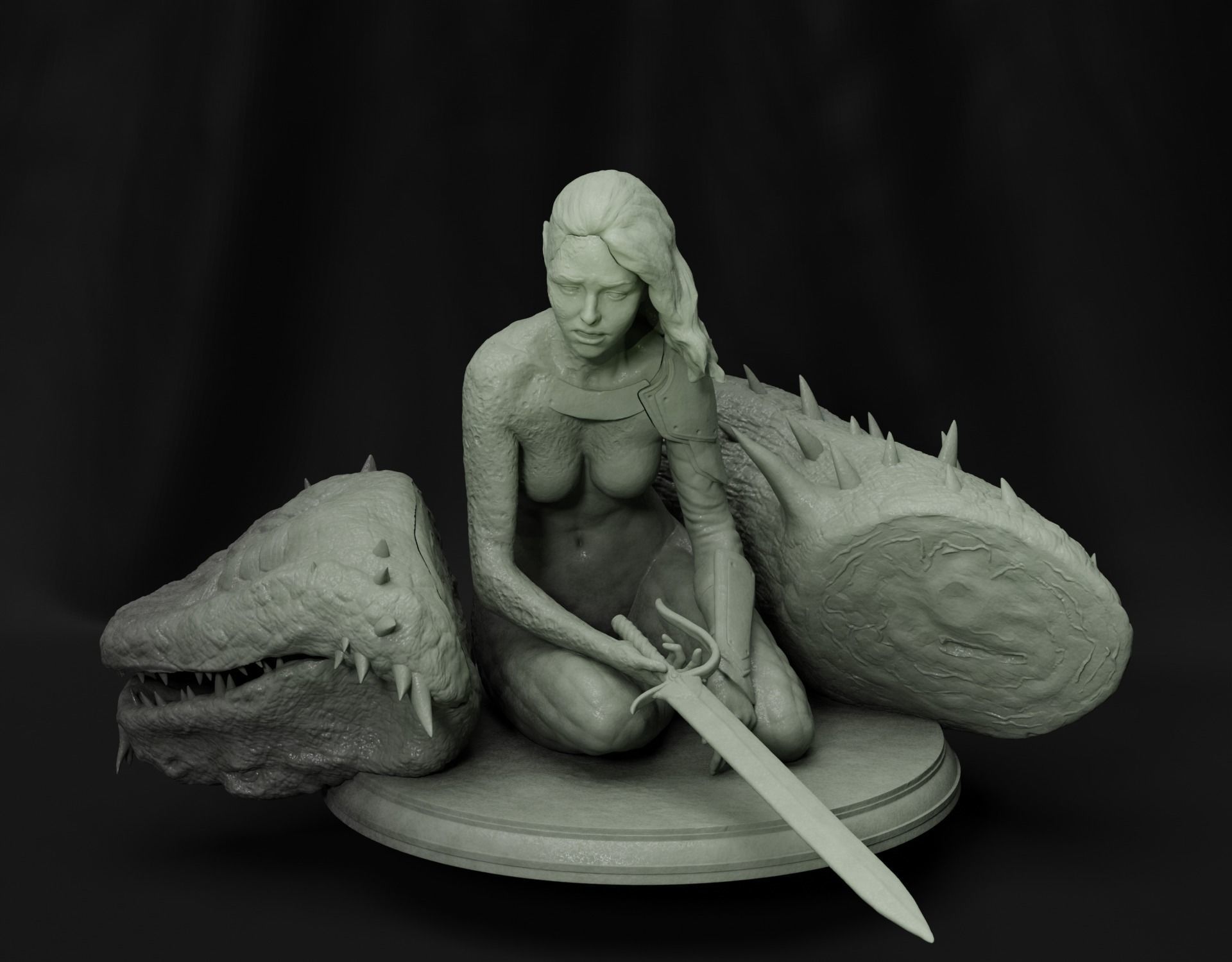 Female warrior with slain lizard 3D print model_5