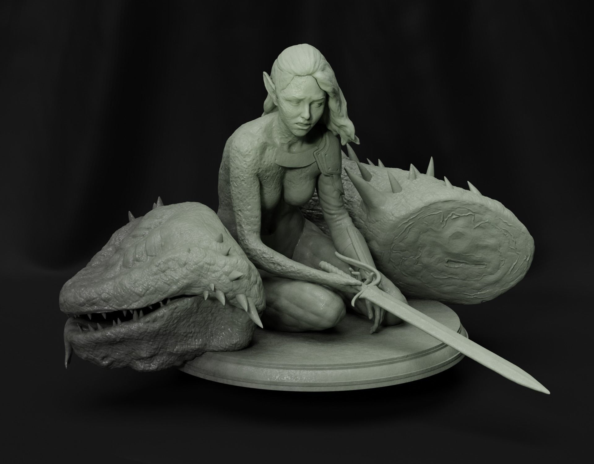 Female warrior with slain lizard 3D print model_2