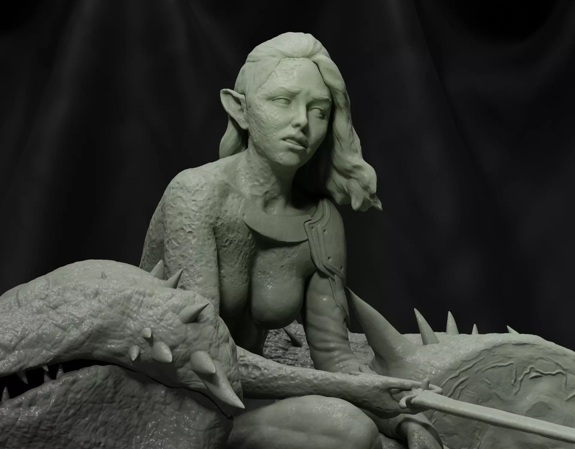 Female warrior with slain lizard 3D print model_0