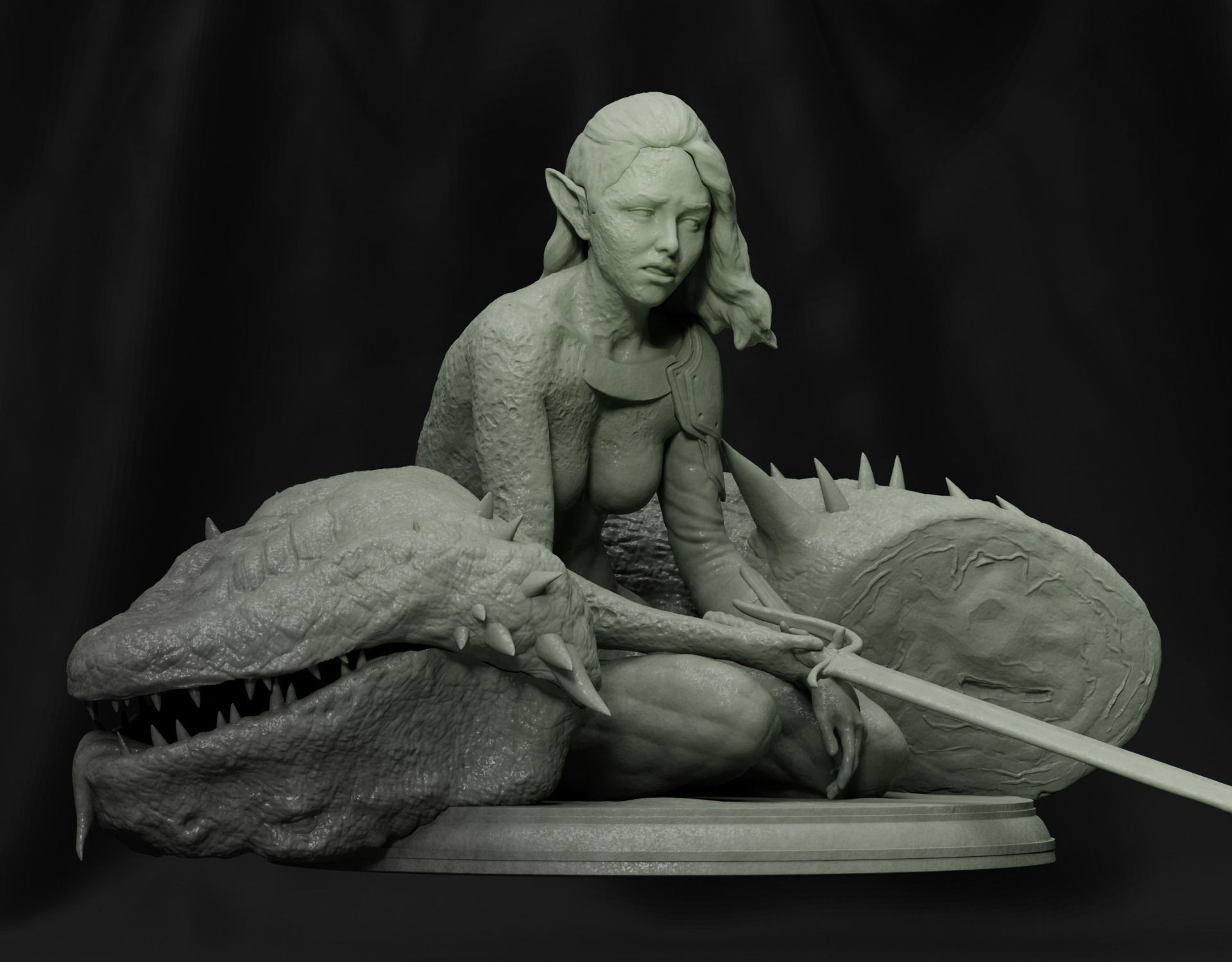 Female warrior with slain lizard 3D print model_4