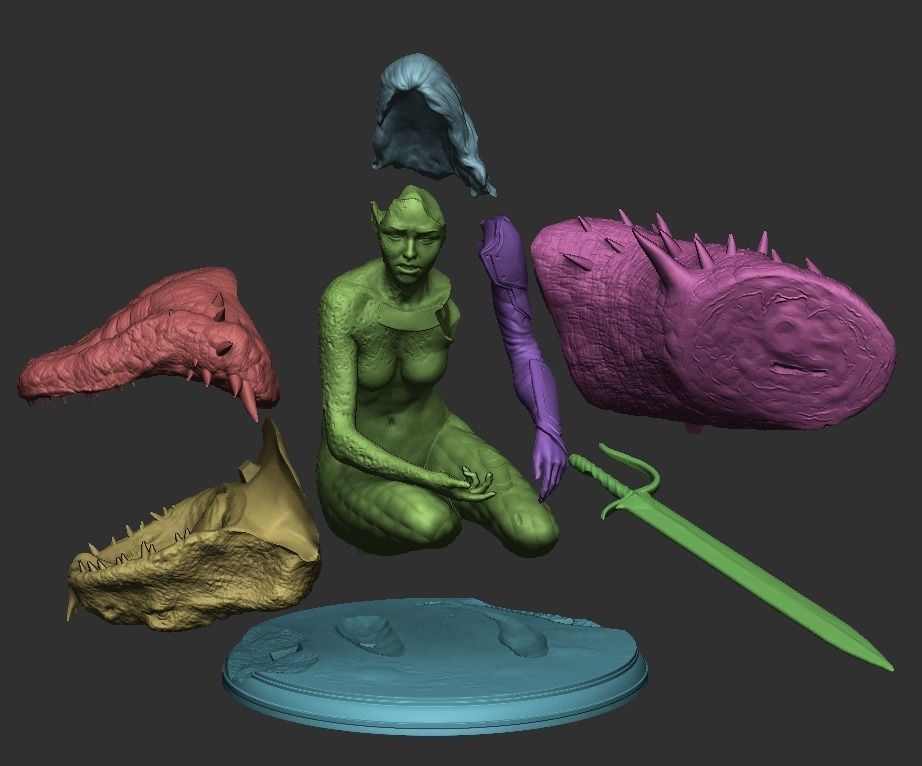 Female warrior with slain lizard 3D print model_1