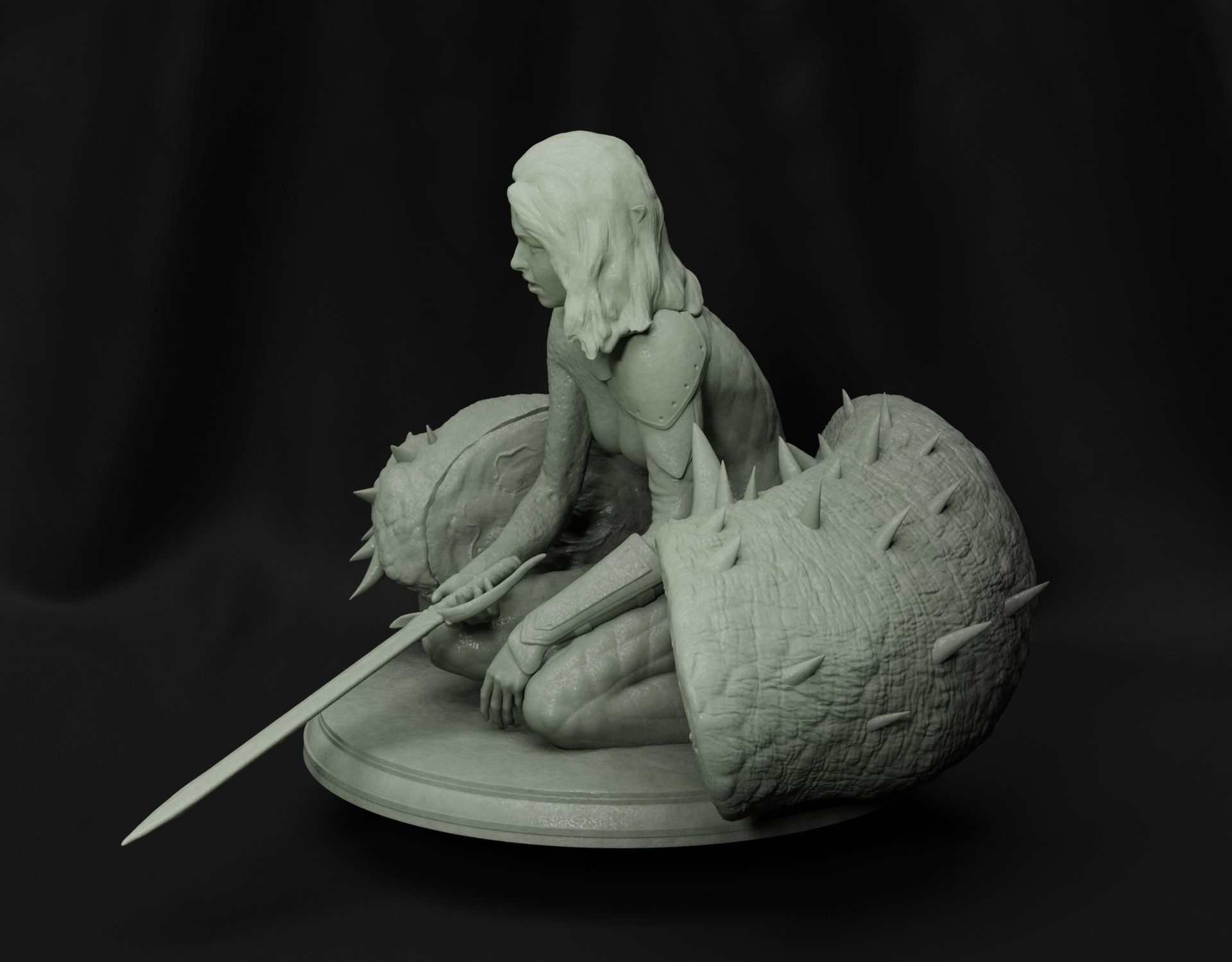 Female warrior with slain lizard 3D print model_6