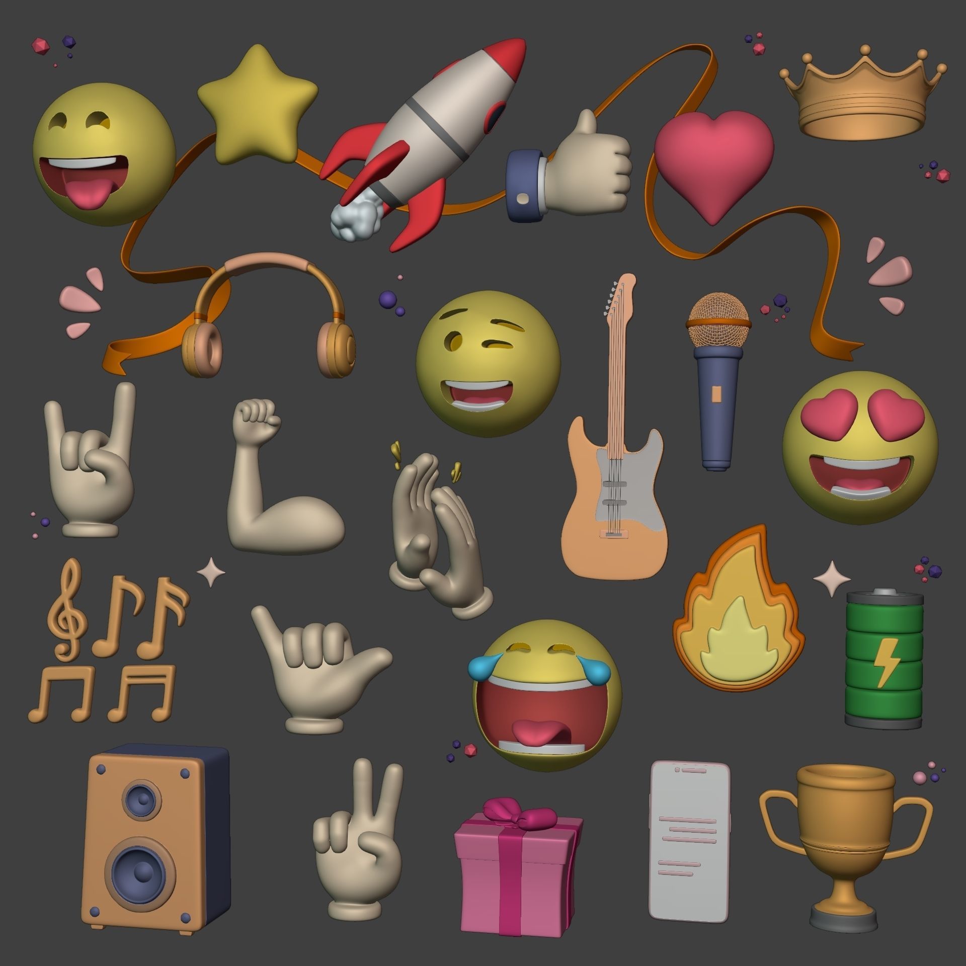 Cartoon Icons Pack - Hand - Smartphone - Smiley Emoji - Game Low-poly 3D model_1
