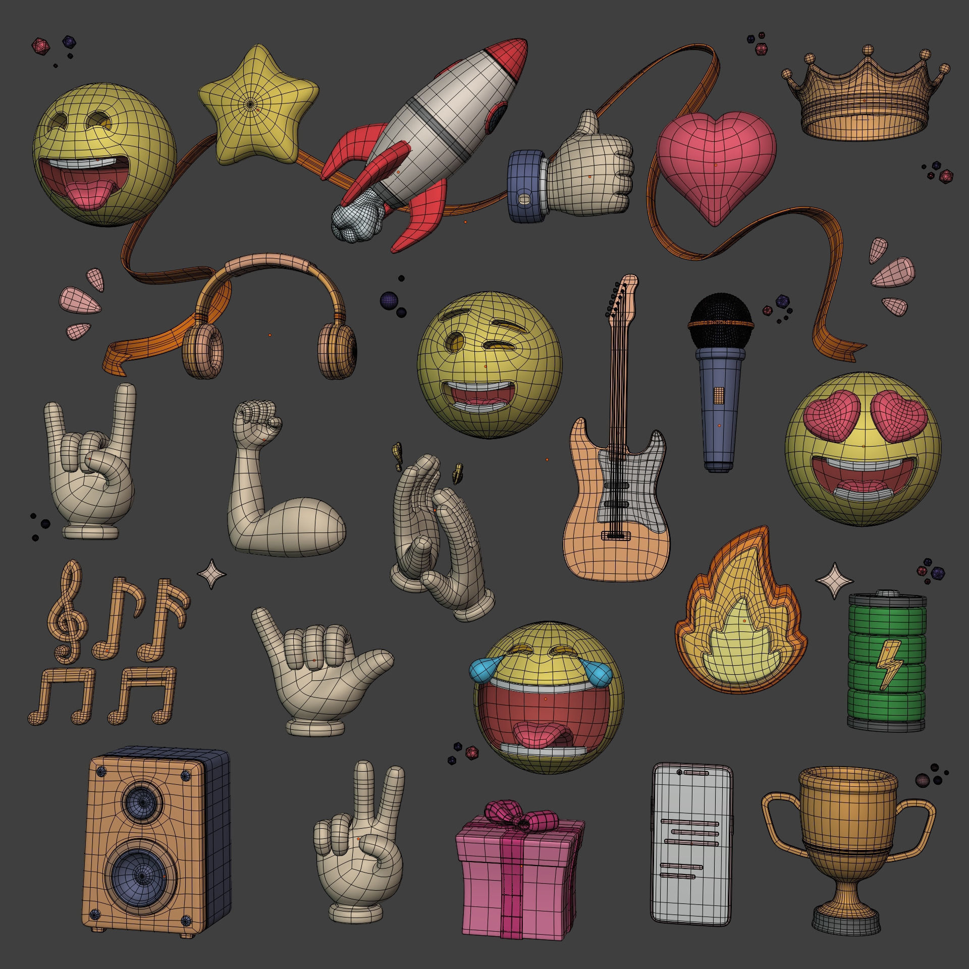 Cartoon Icons Pack - Hand - Smartphone - Smiley Emoji - Game Low-poly 3D model_2