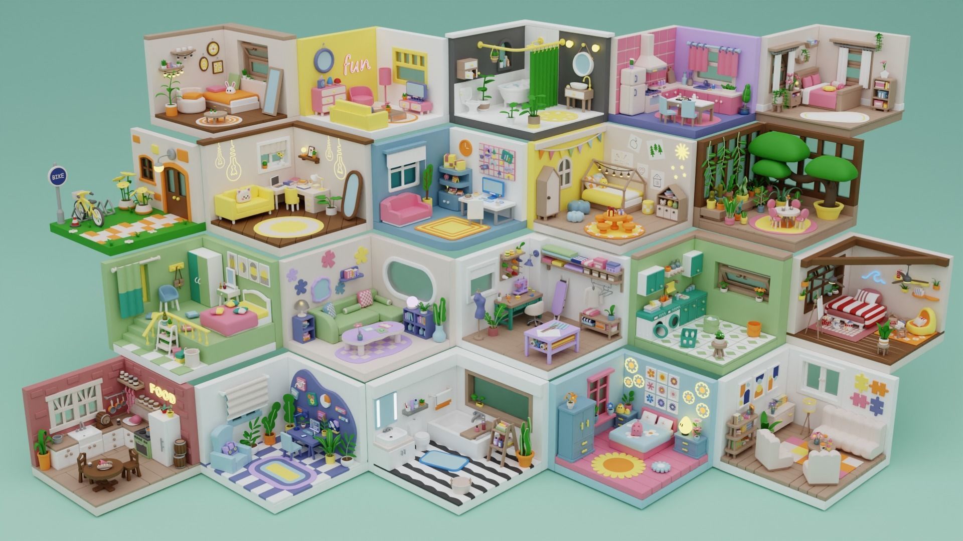 BIG PACK Cozy Cartoon Rooms Interiors 2 Low-poly 3D model_34