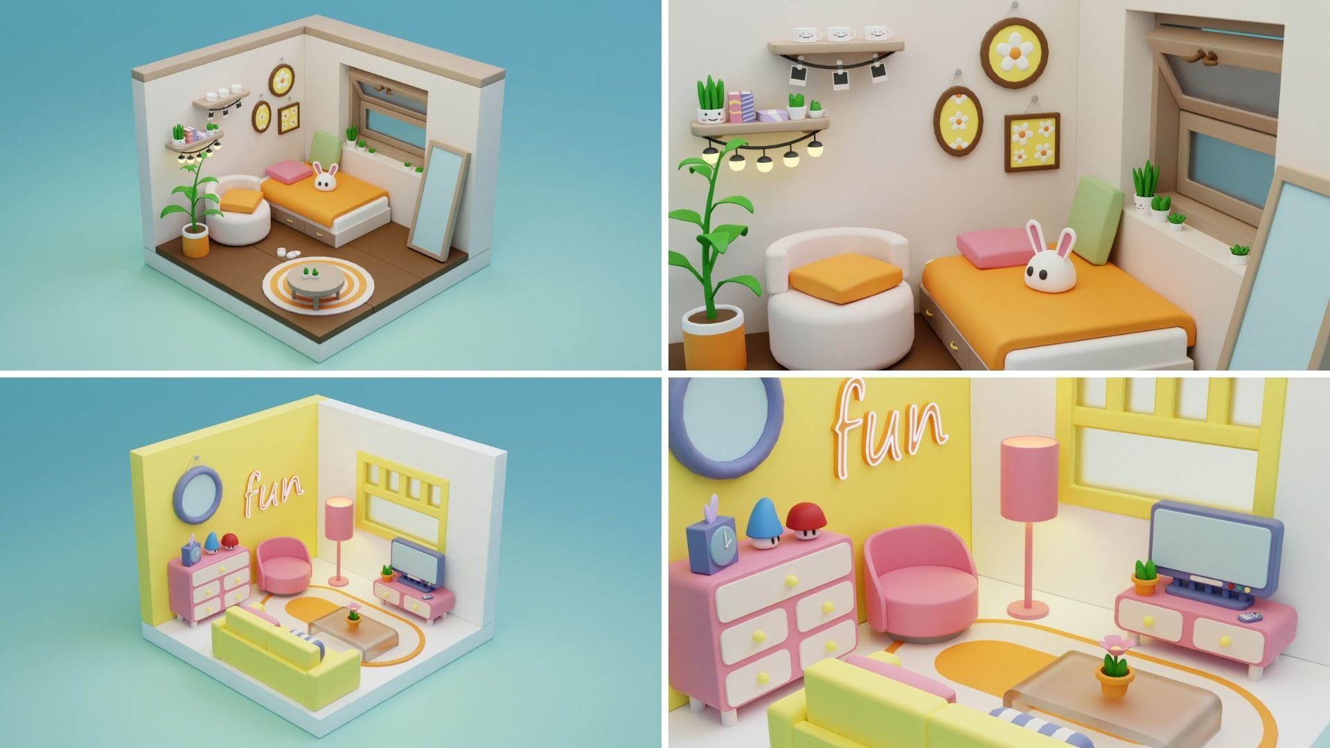 BIG PACK Cozy Cartoon Rooms Interiors 2 Low-poly 3D model_4