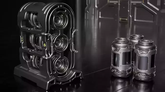 Sci-fi Barrel with Sci-fi Rack Low-poly 3D model