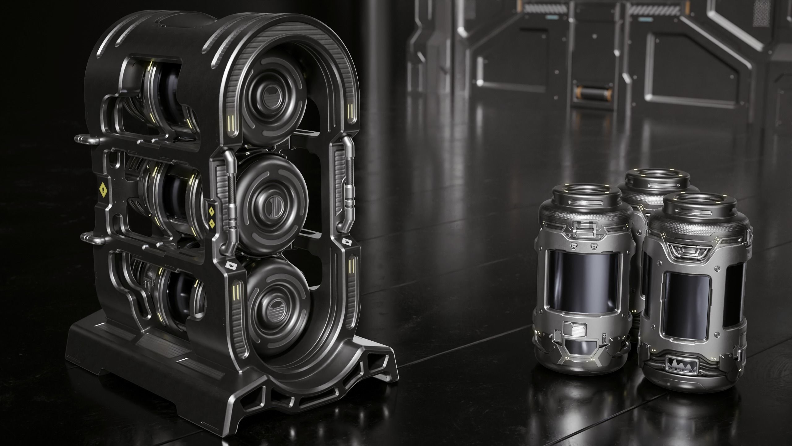 Sci-fi Barrel with Sci-fi Rack Low-poly 3D model_1